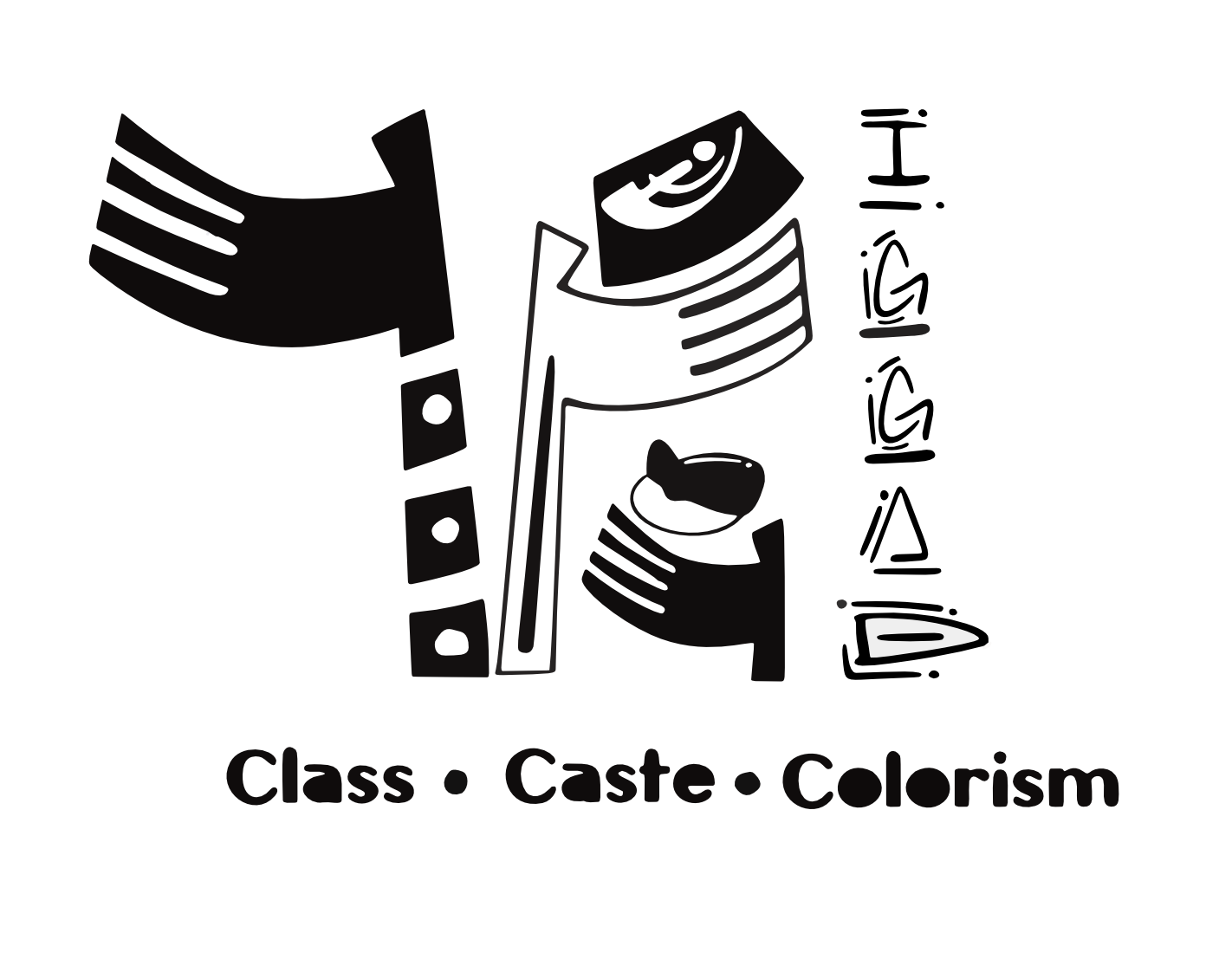 Abstracted hands, nose, eyes, with text: IGGAD, Class, Caste, and Colorism